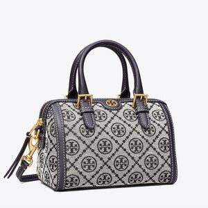Tory Burch Black and Cream Jacquard Mini Satchel with Gold Hardware